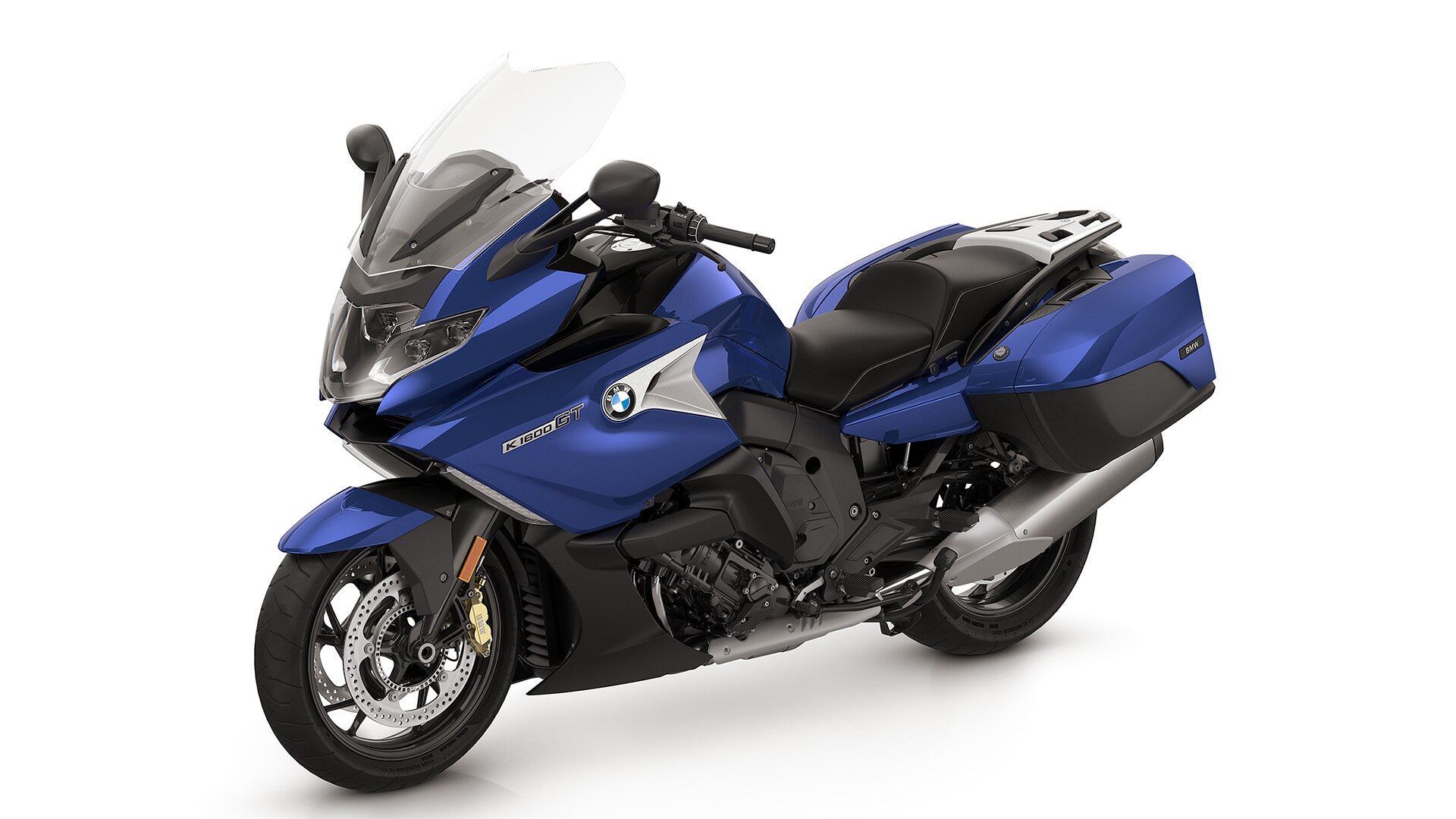 K 1600 GT в цвят Light white uni/Racing blue metallic/Racing red uni.